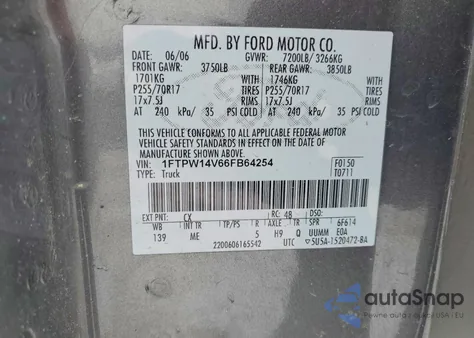 2006 Ford F150 Supercrew from USA, damaged, VIN 1FTPW14V66FB64254